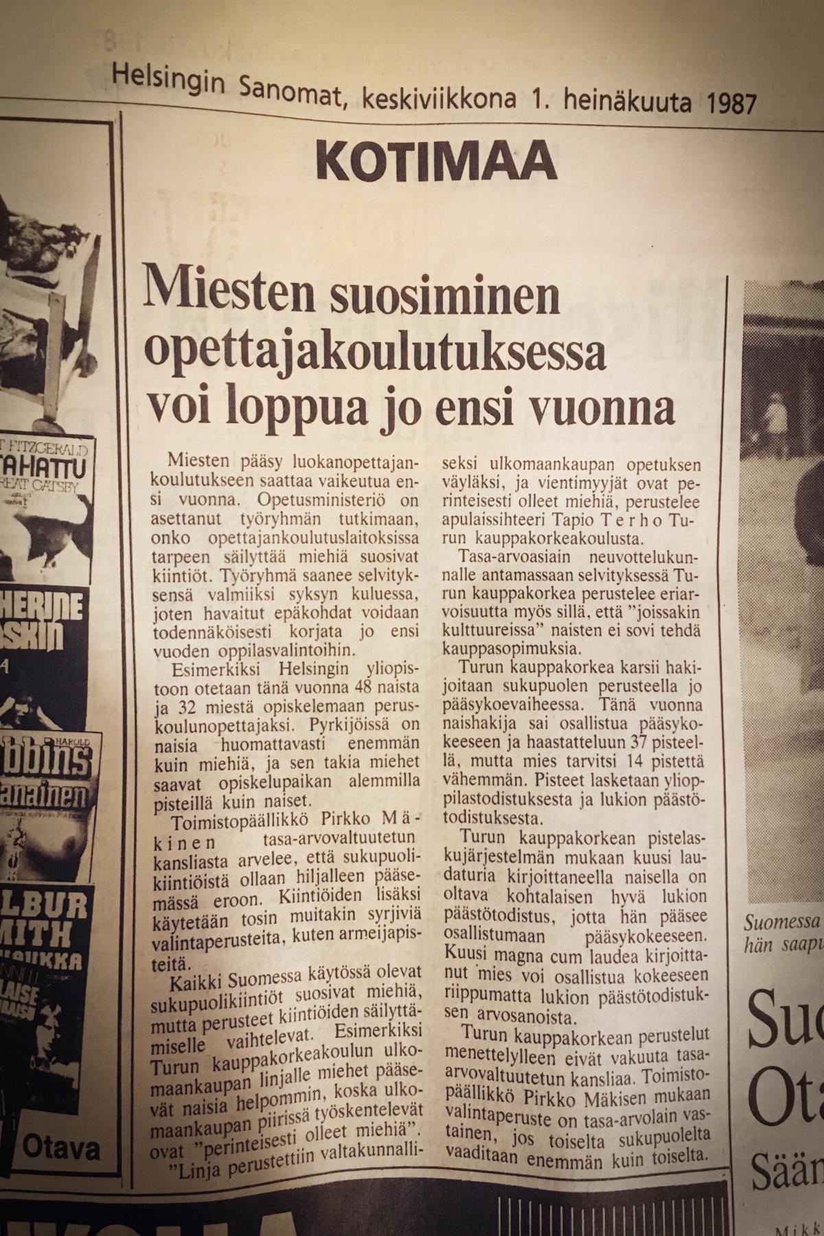 Näin kirjoitettiin mieskiintiöistä vuonna 1987.